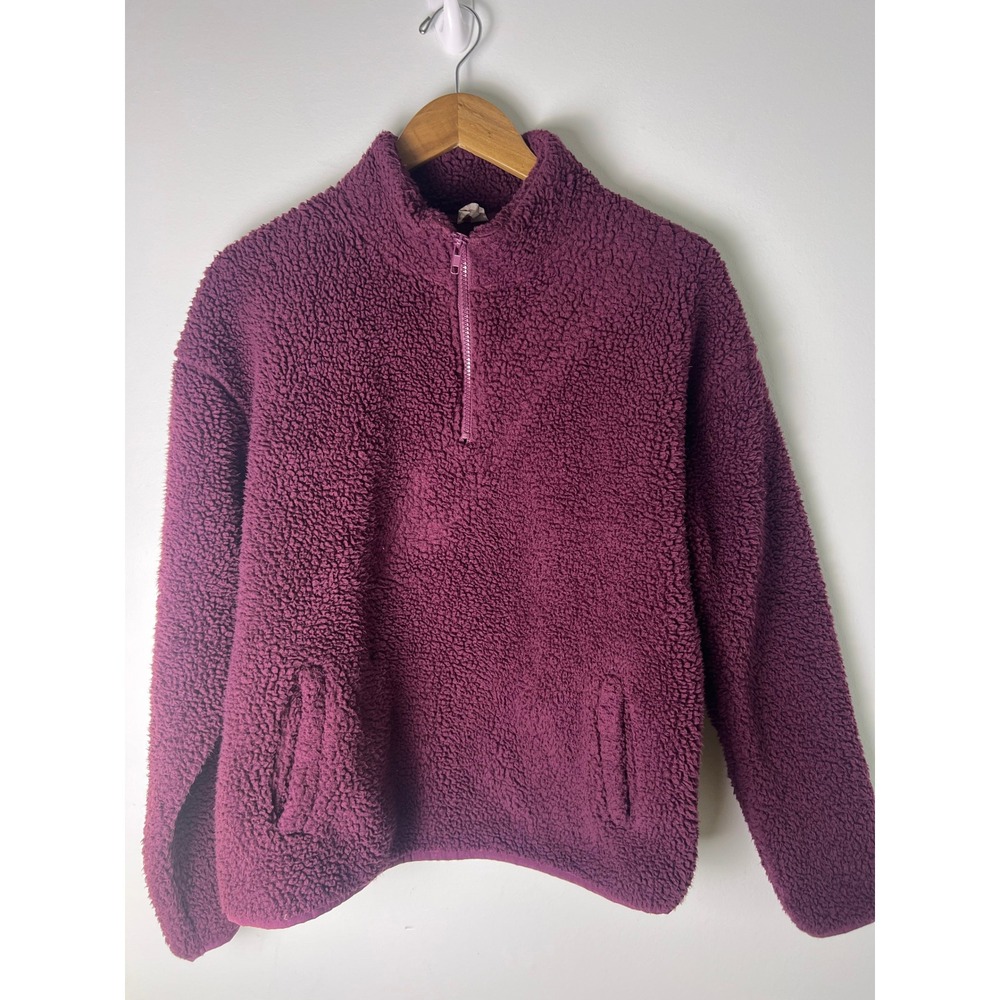 Monrow Sherpa Fleece Pullover Wm M Purple‎ Quarter Zip Mock Neck Pocket